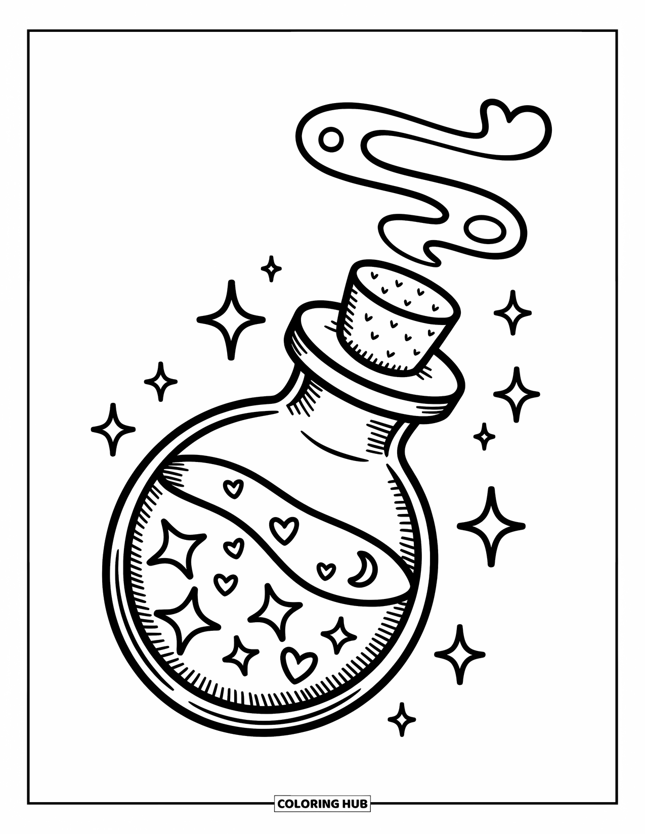 Tattoo Coloring Page for Adults: A tiny bottle tilts with stars, hearts, and floating magic
