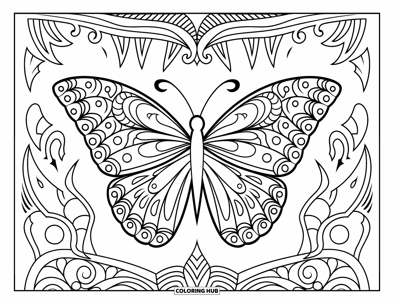 Tattoo Coloring Page for Adults: A tribal-style butterfly on a branch with swirling designs