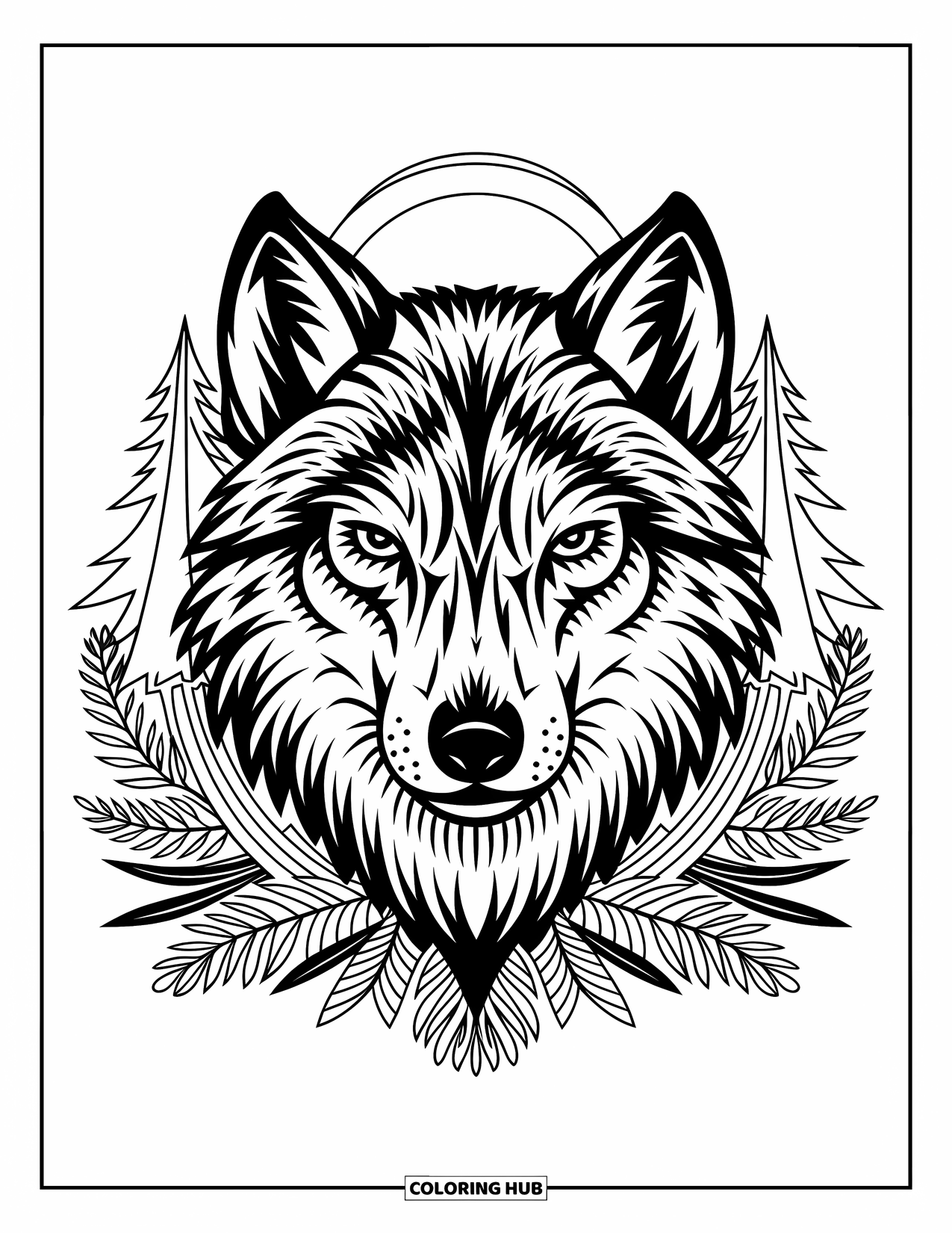 Tattoo Coloring Page for Adults: A wolf's head framed by pine trees and a crescent moon