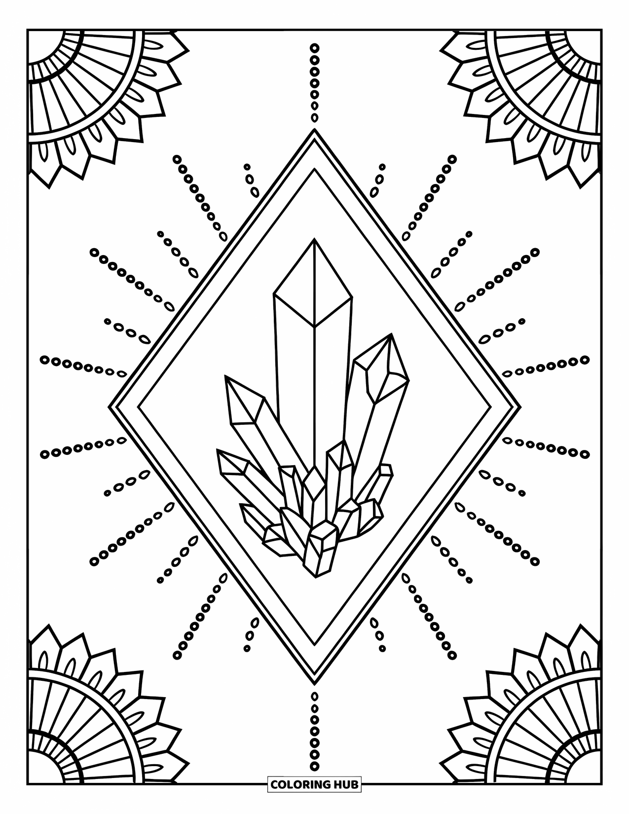 Tattoo Coloring Page for Adults: Crystals float inside a diamond frame with dotted rays