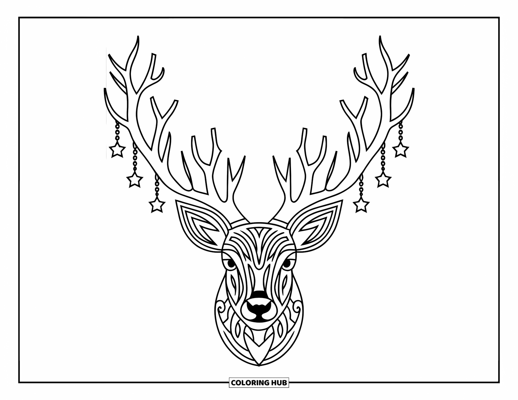 Tattoo Coloring Page for Adults: Deer antlers turn into tree branches with twinkling star charms