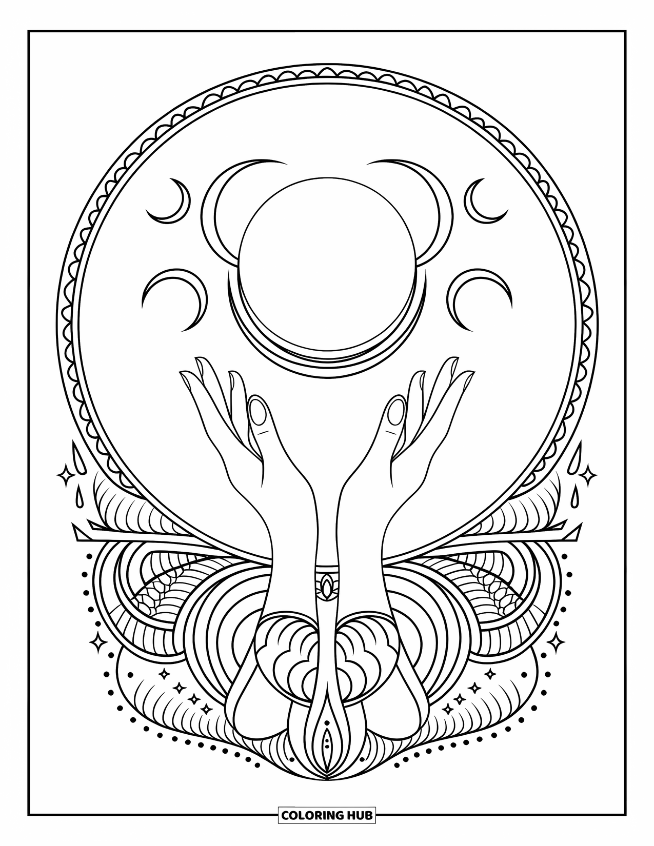 Tattoo Coloring Page for Adults: Hands reaching toward a glowing orb framed by crescent moons