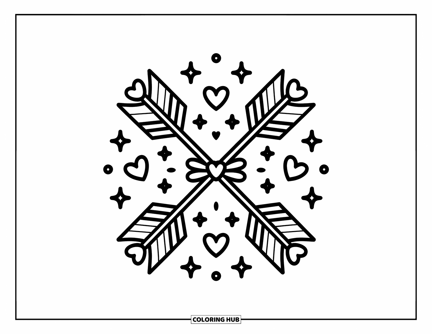 Tattoo Coloring Page for Adults: Two heart-tipped arrows cross with sparkles and a tiny bow