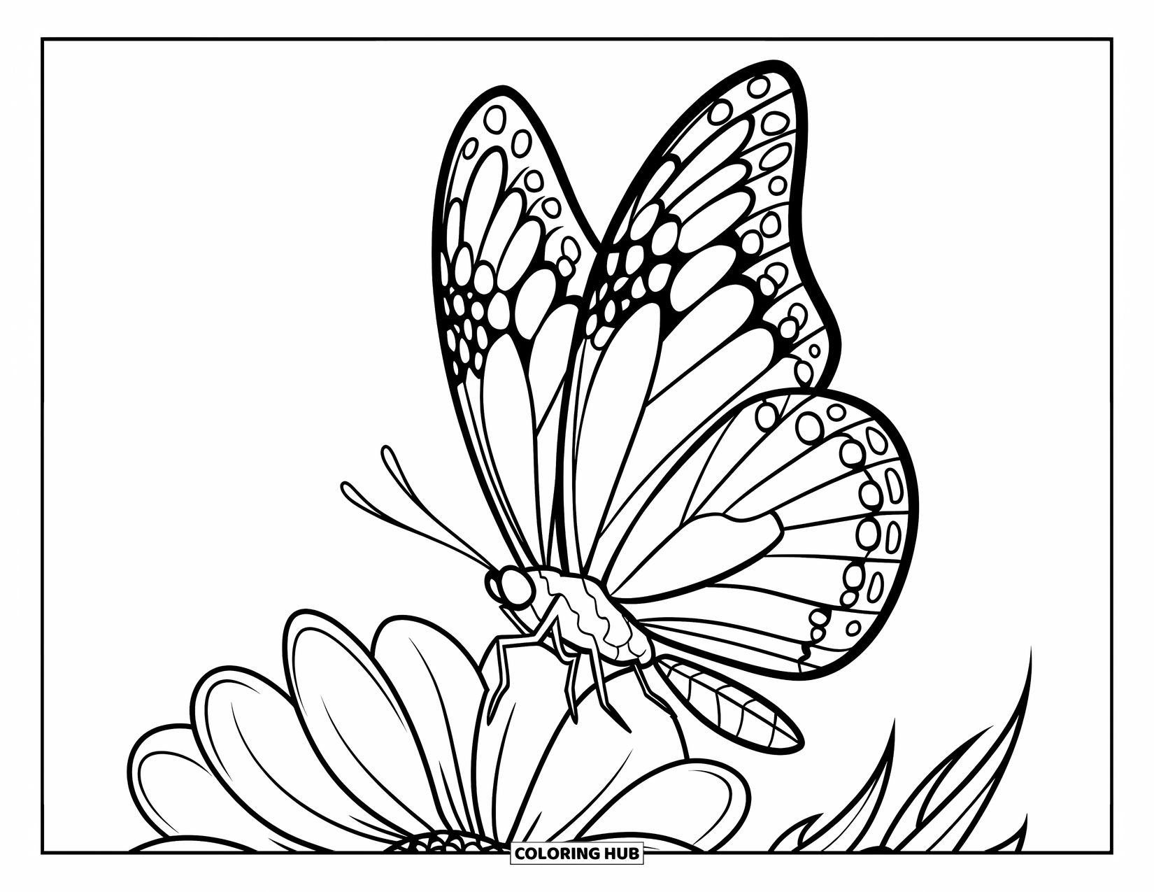 Tattoo Coloring Page for Kids: A butterfly flying above a flower with big petals