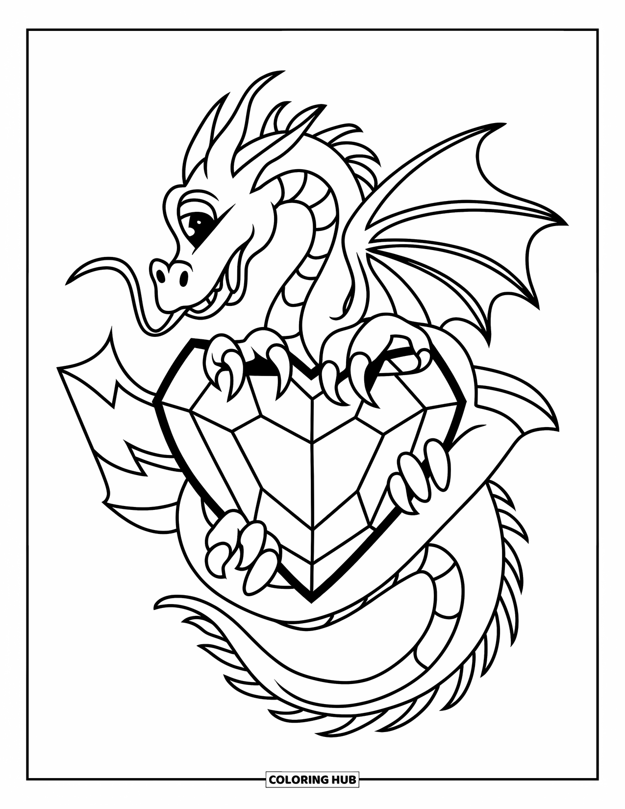 Tattoo Coloring Page for Kids: A cheerful dragon hugs a heart gem with bold lines