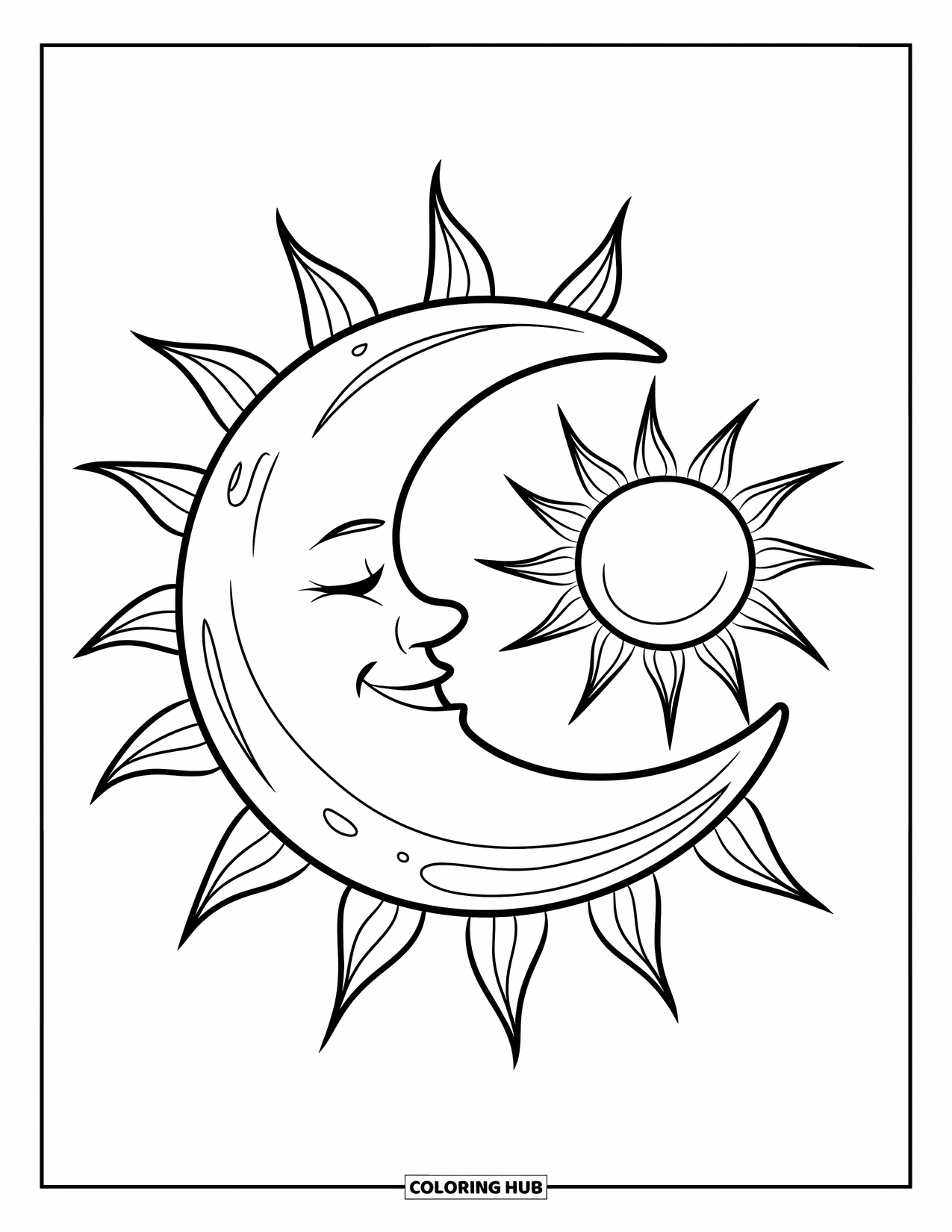 Tattoo Coloring Page for Kids: A crescent moon smiling and hugging the sun