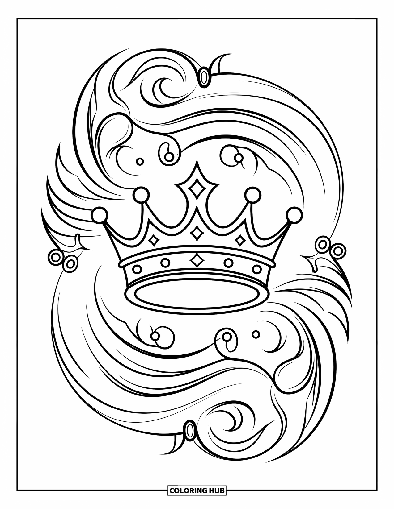 Tattoo Coloring Page for Kids: A crown with jewels and swirls in a dynamic design