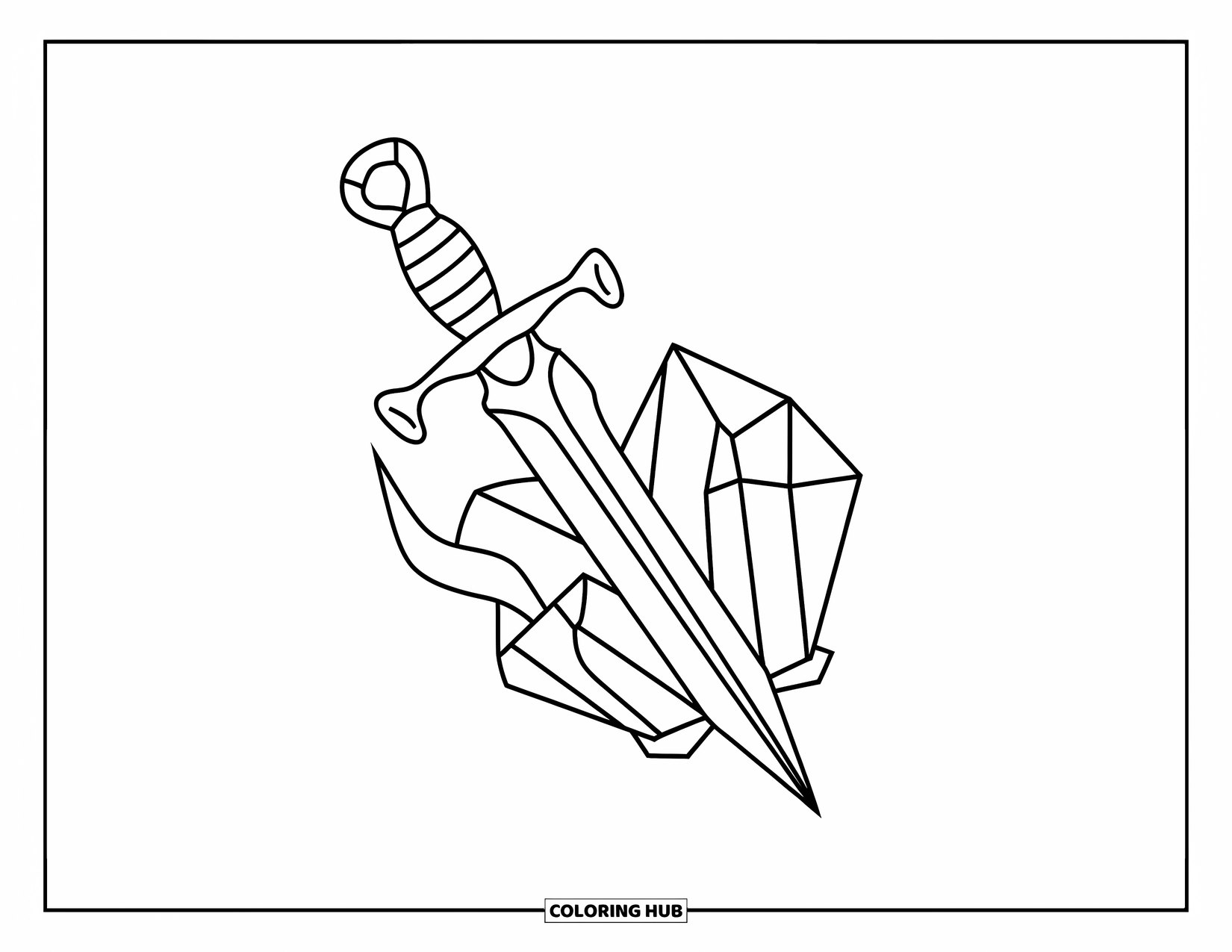 Tattoo Coloring Page for Kids: A curved dagger with a wrapped hilt pierces a stylized crystal