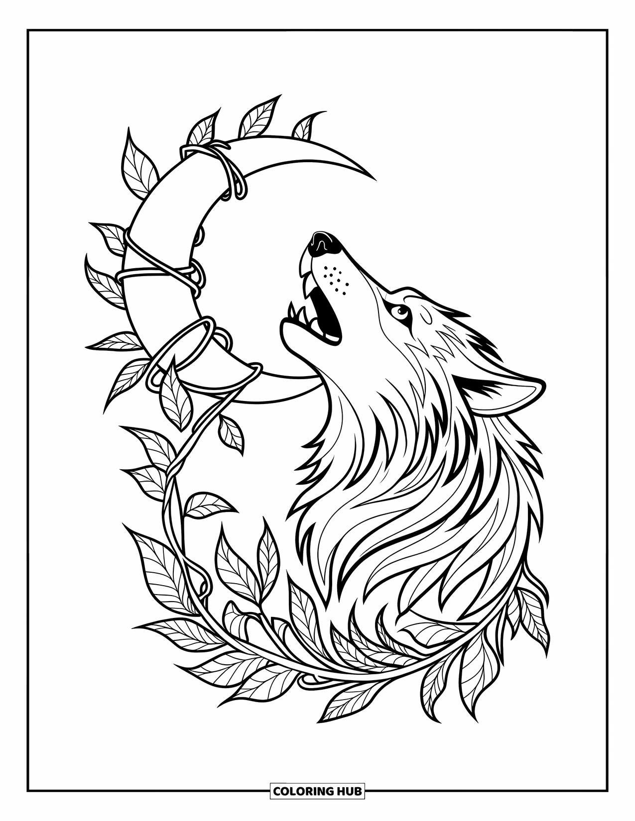 Tattoo Coloring Page for Kids: A fierce wolf howling at a moon tangled in vines