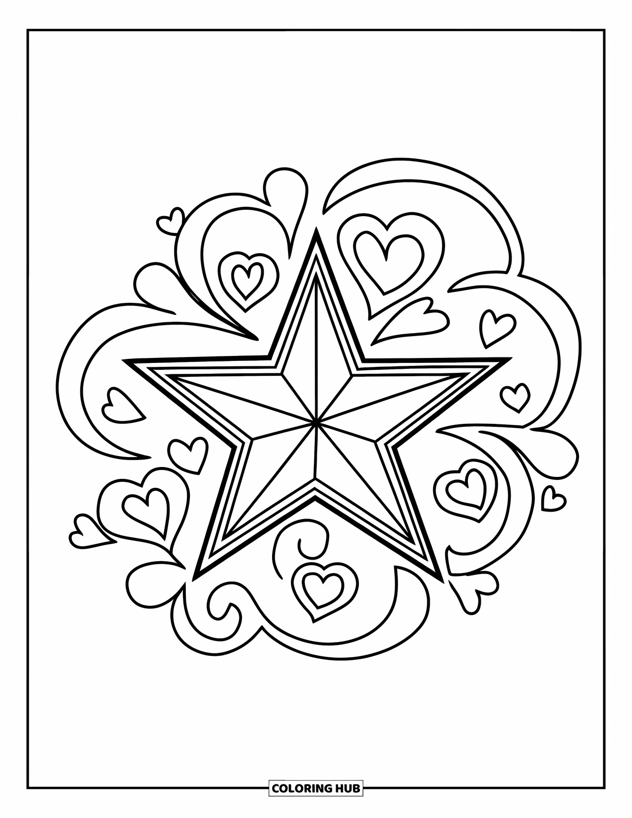 Tattoo Coloring Page for Kids: A five-point star surrounded by sweet hearts and swirls