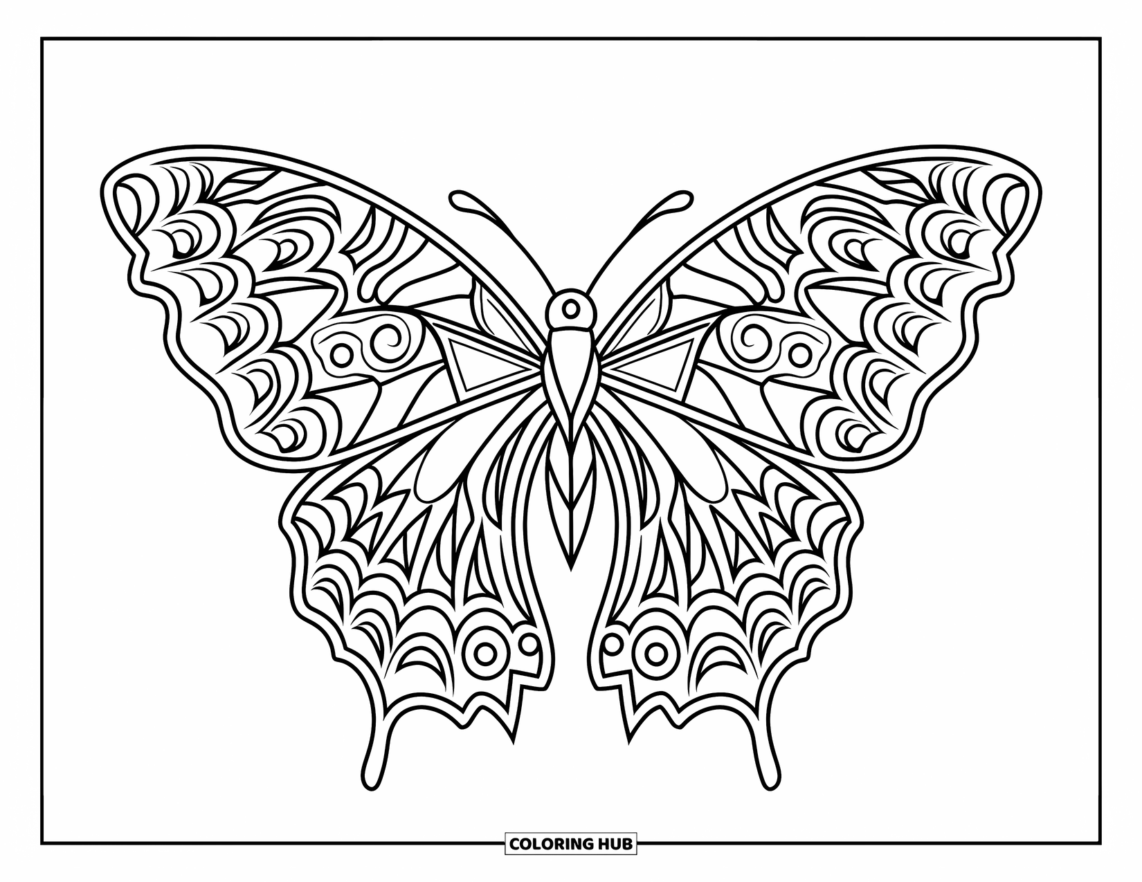 Tattoo Coloring Page for Kids: A gothic butterfly with tribal wings resting quietly on a branch