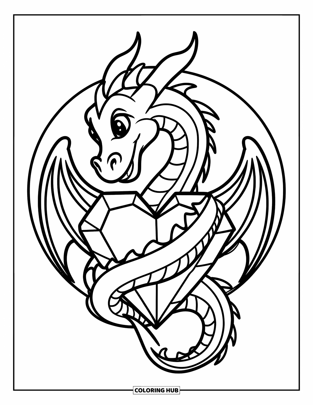 Tattoo Coloring Page for Kids: A happy dragon coils around a shiny heart gem
