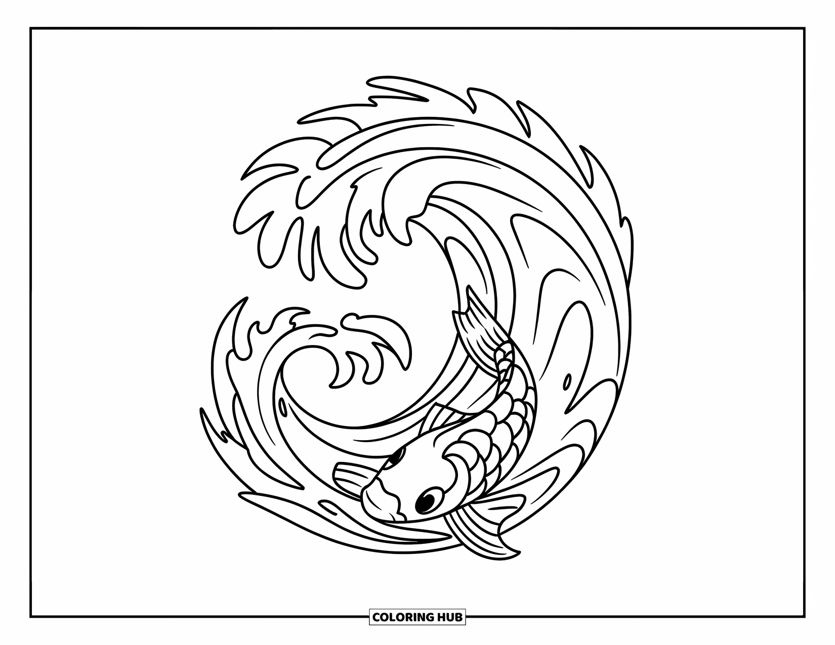 Tattoo Coloring Page for Kids: A koi fish bursts from playful, curvy waves