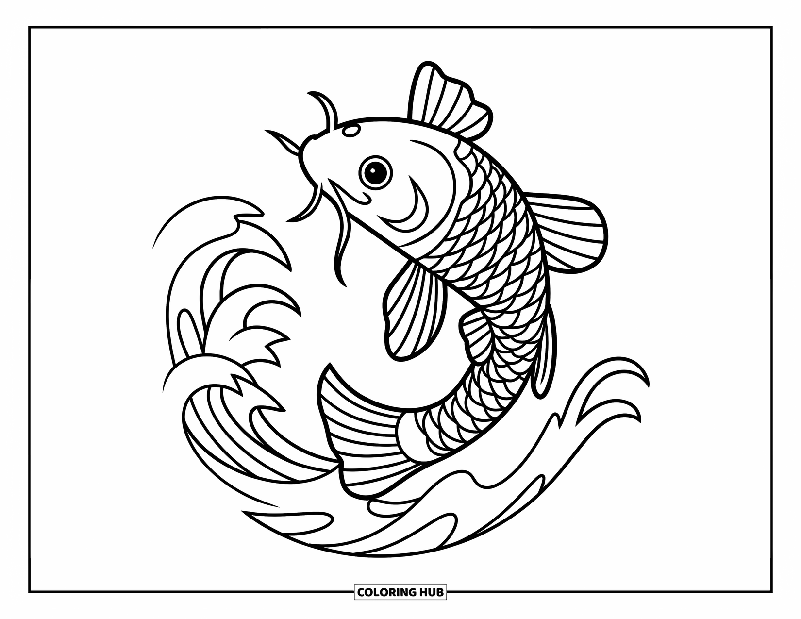 Tattoo Coloring Page for Kids: A koi fish leaps from waves with bold lines
