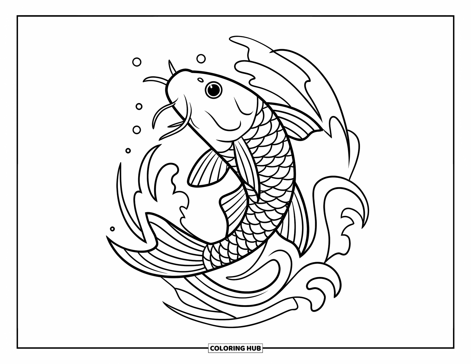 Tattoo Coloring Page for Kids: A lively koi fish jumps from stylized waves