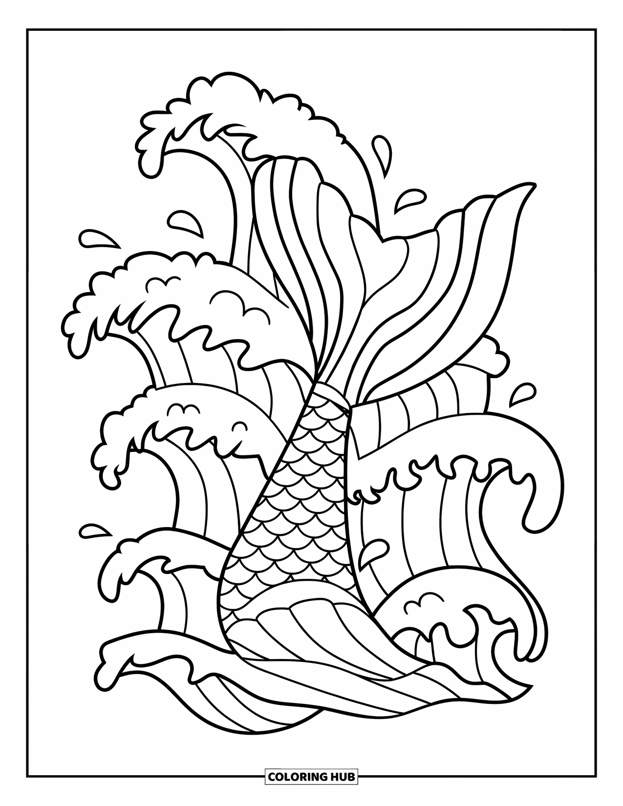 Tattoo Coloring Page for Kids: A mermaid tail rises through foamy ocean waves
