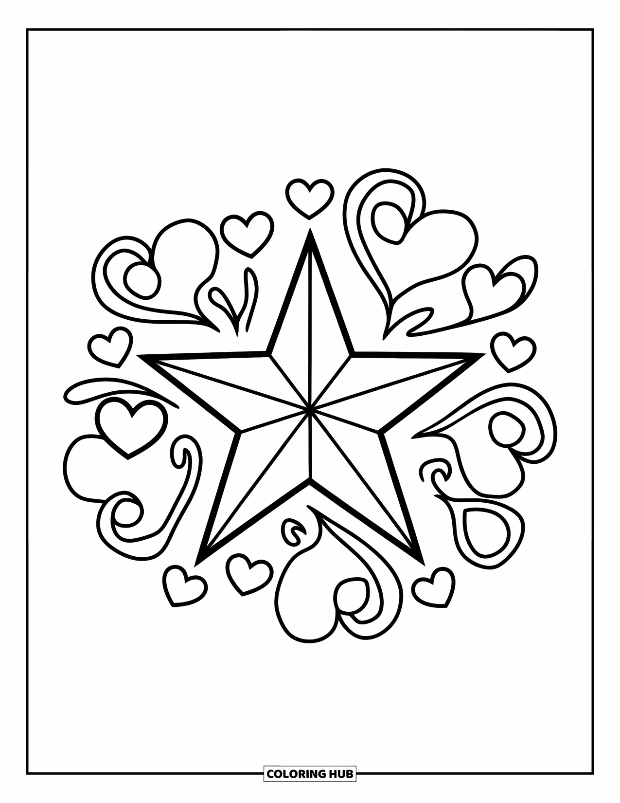 Tattoo Coloring Page for Kids: A star with hearts and swirls around it