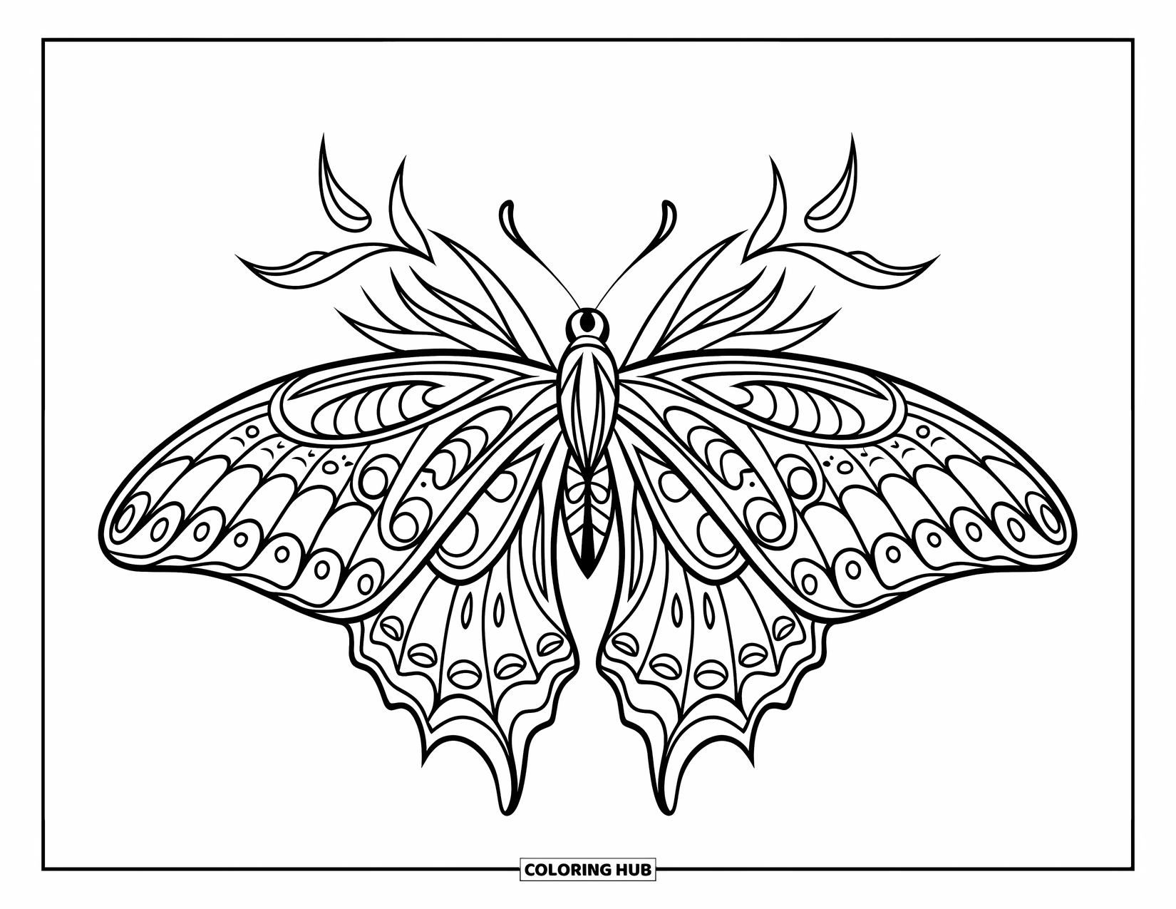 Tattoo Coloring Page for Kids: A tribal-winged butterfly perched gently on a branch