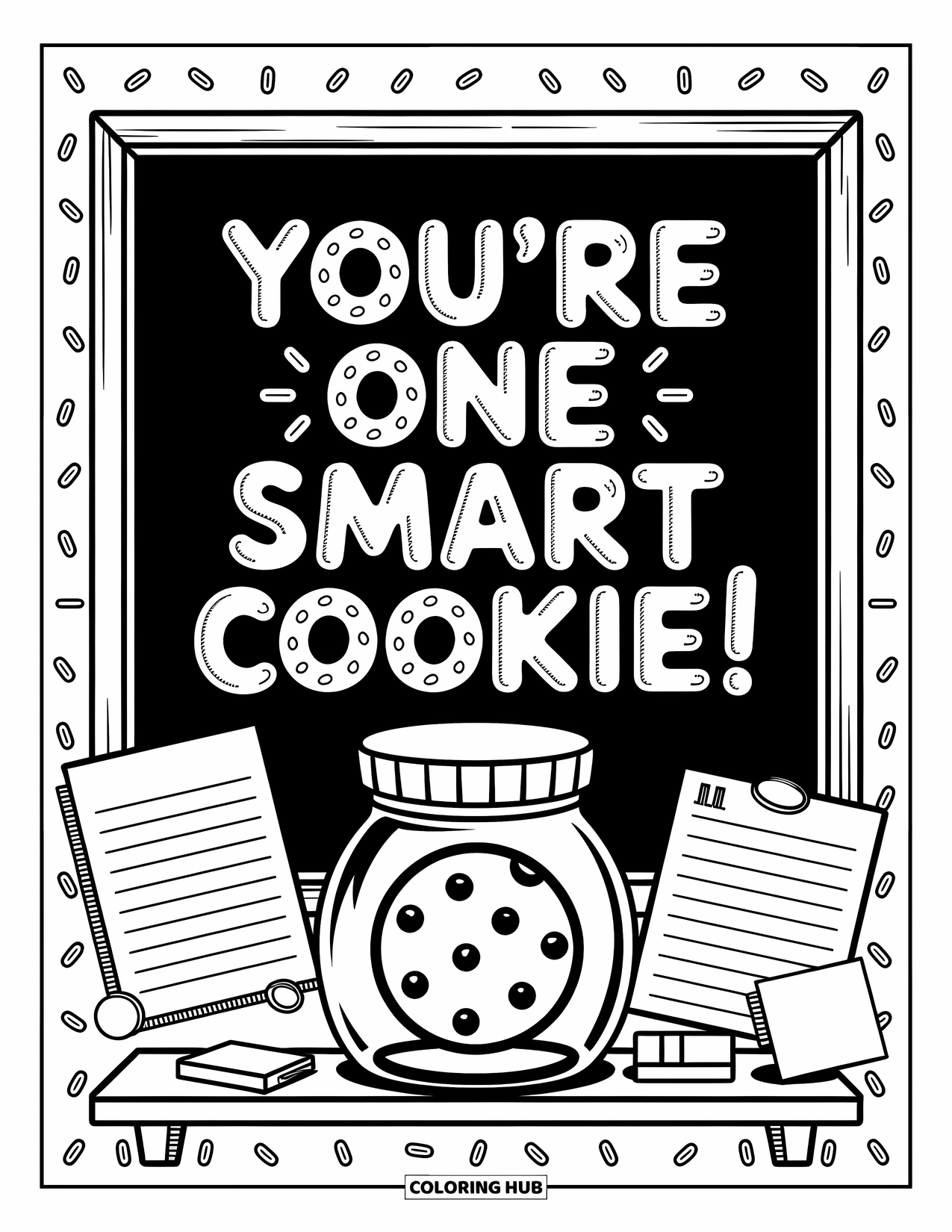Teacher Appreciation Coloring Page for Adults: A cookie jar and chalkboard cheerfully show "You're One Smart Cookie!" in sprinkled letters