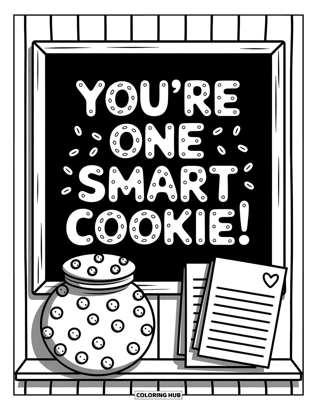 Teacher Appreciation Coloring Page for Adults: A shelf with cookies and cute doodles shares "You're One Smart Cookie!" proudly