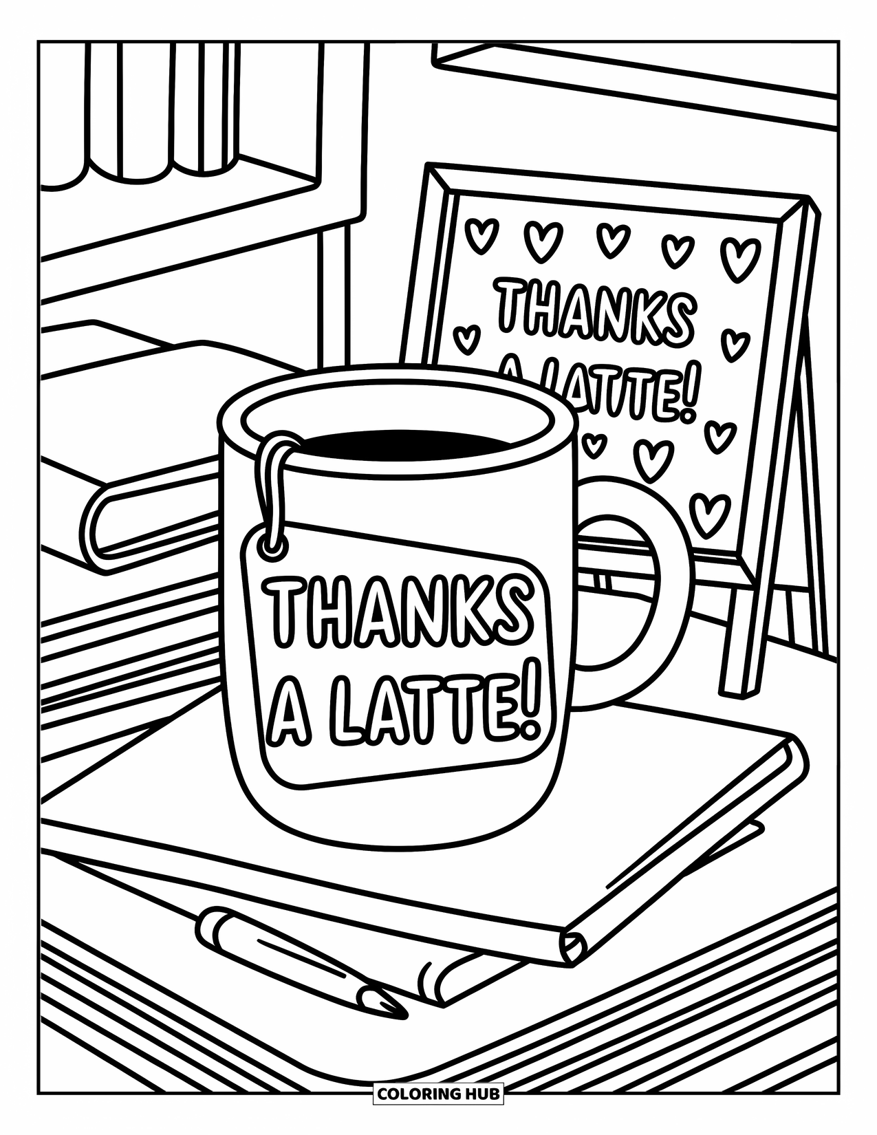 Teacher Appreciation Coloring Page for Adults: A warm classroom desk scene with books and a cheerful "Thanks a Latte!" mug