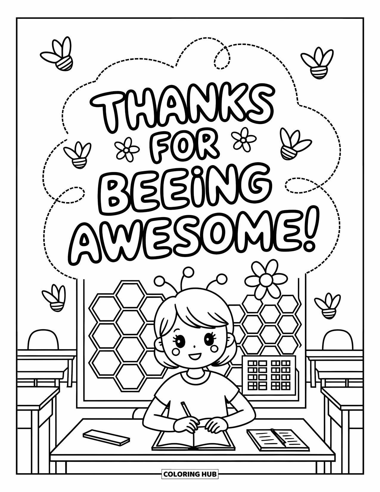 Teacher Appreciation Coloring Page for Adults: Bee-themed crafts buzz around the message "Thanks for Beeing Awesome!" in bubbly letters