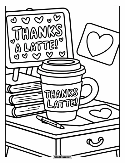 Teacher Appreciation Coloring Page for Adults: Books, chalkboard doodles, and a happy mug display "Thanks a Latte!" with charm