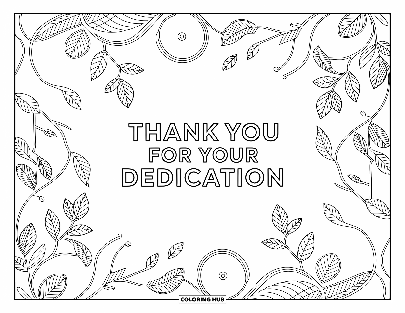 Teacher Appreciation Coloring Page for Adults: Delicate swirls and leaves frame a heartfelt thank-you message