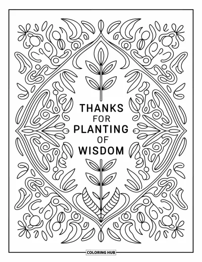 Teacher Appreciation Coloring Page for Adults: Elegant leaves and vines surround a message of gratitude