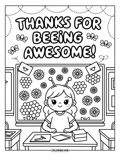 Teacher Appreciation Coloring Page for Adults: Paper bees and honeycombs surround "Thanks for Beeing Awesome!" in a joyful craft scene