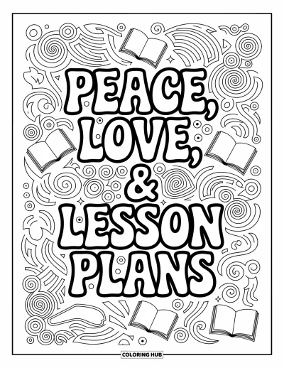 Teacher Appreciation Coloring Page for Adults: Whimsical shapes and books swirl around a peace and teaching quote