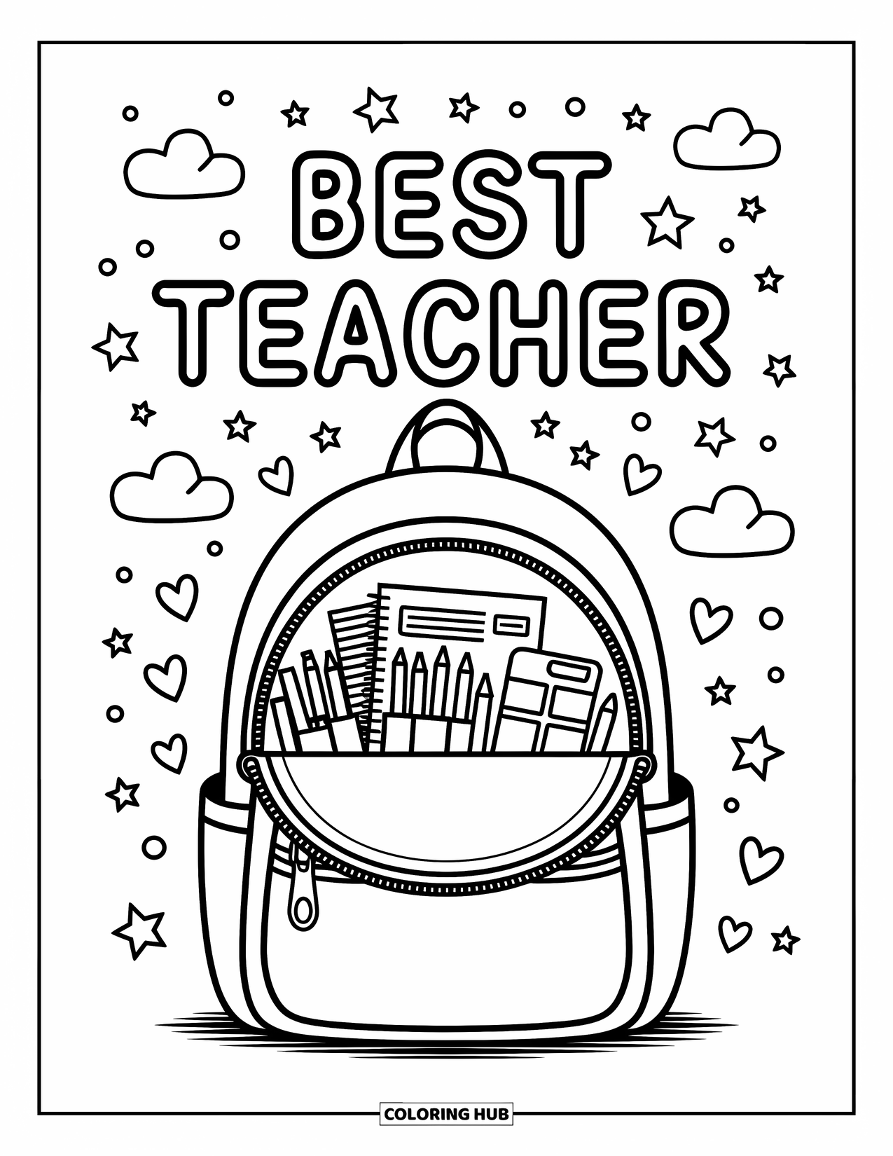 Teacher Appreciation Coloring Page for Kids: A backpack filled with school supplies shares a sweet "Best Teacher" message above