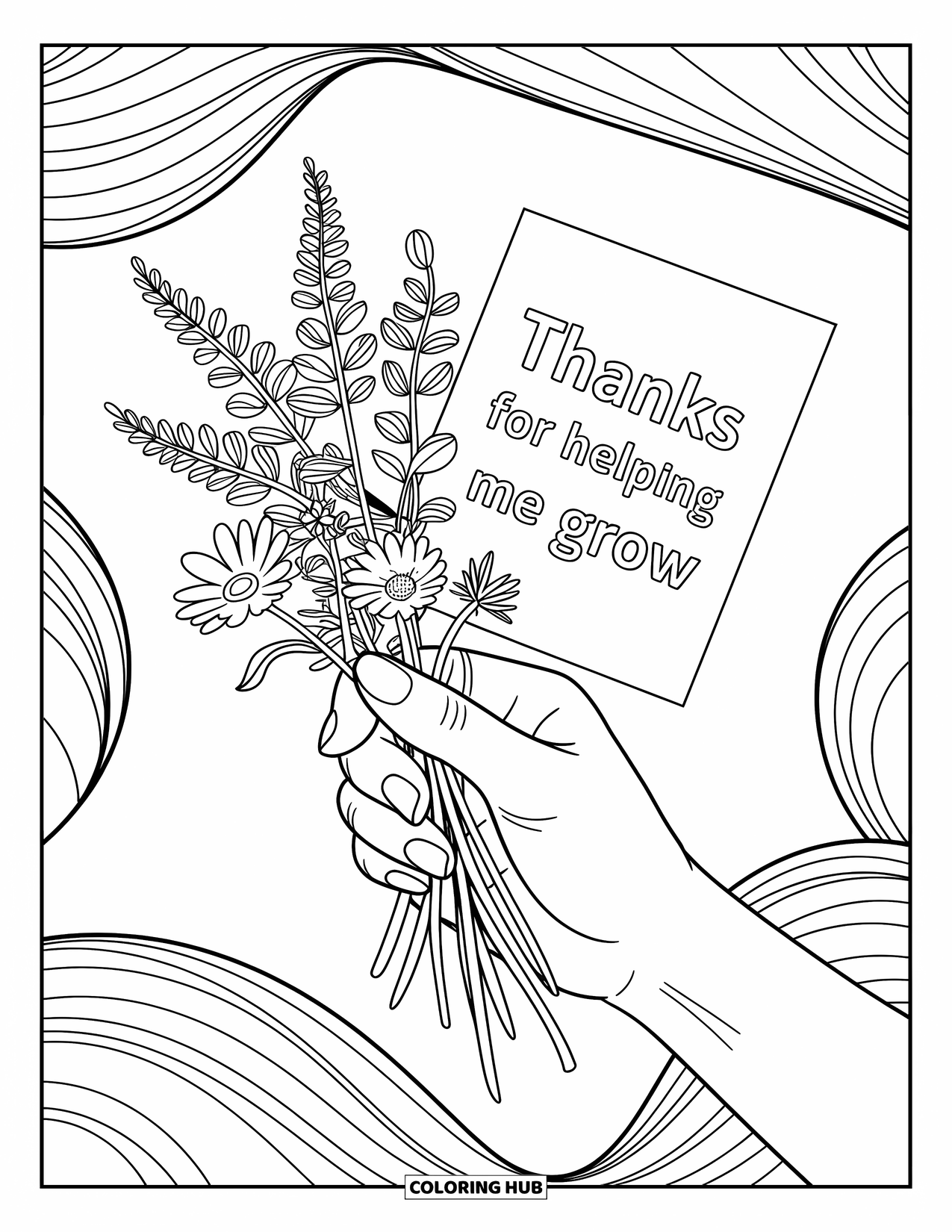 Teacher Appreciation Coloring Page for Kids: A bouquet with a sweet note reads "Thanks for Helping Me Grow"