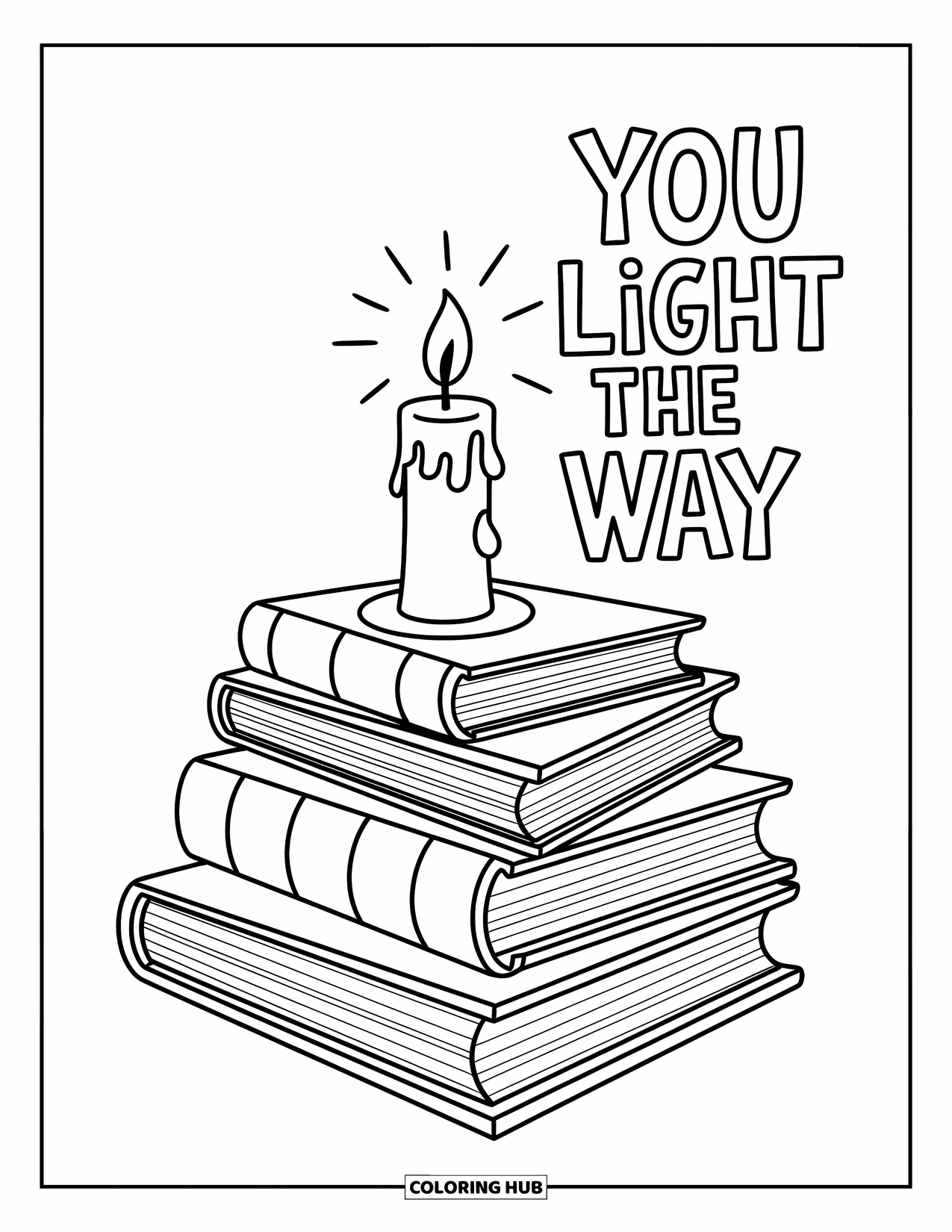 Teacher Appreciation Coloring Page for Kids: A candle atop books lights up the phrase "You Light the Way"