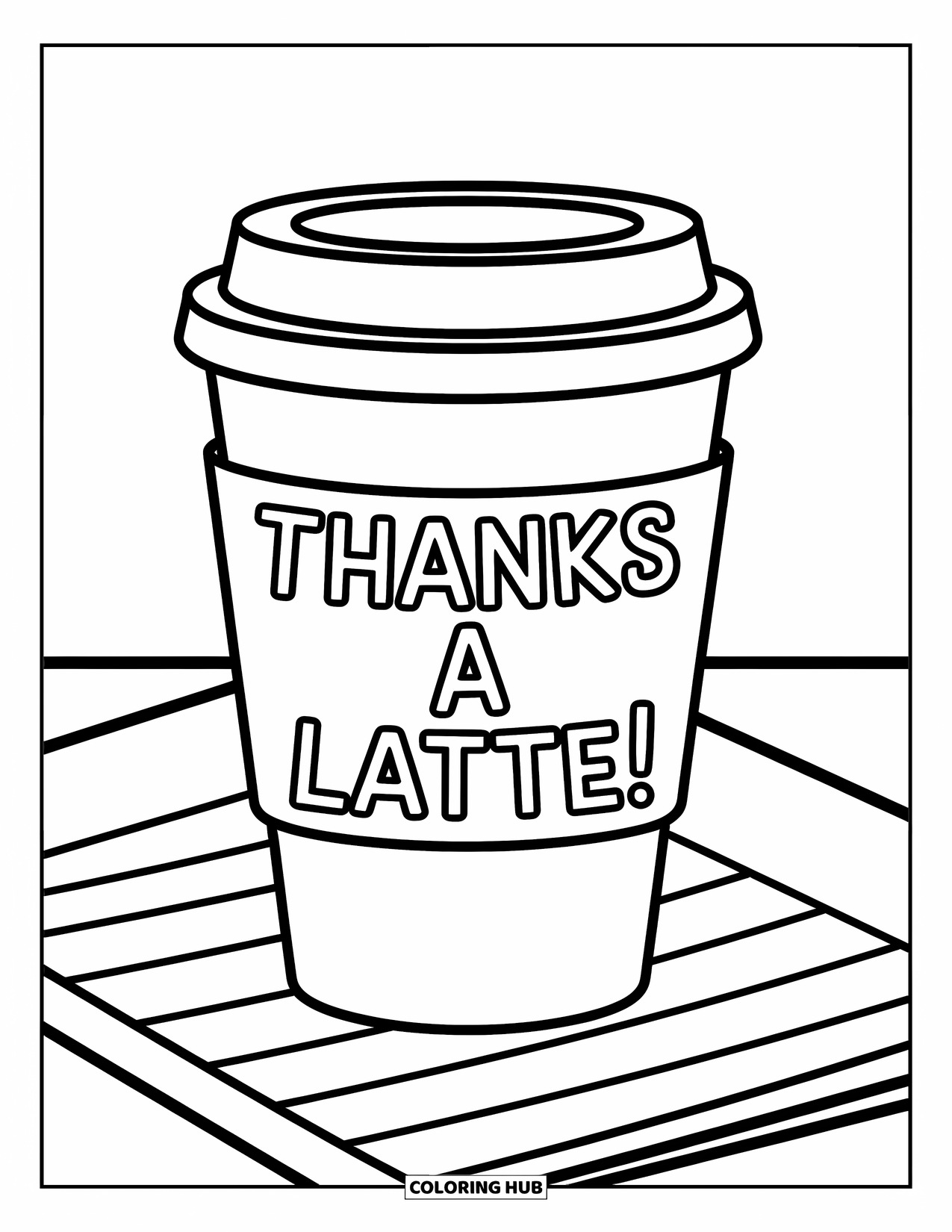 Teacher Appreciation Coloring Page for Kids: A happy cup with "Thanks a Latte!" on a teacher's desk invites creativity