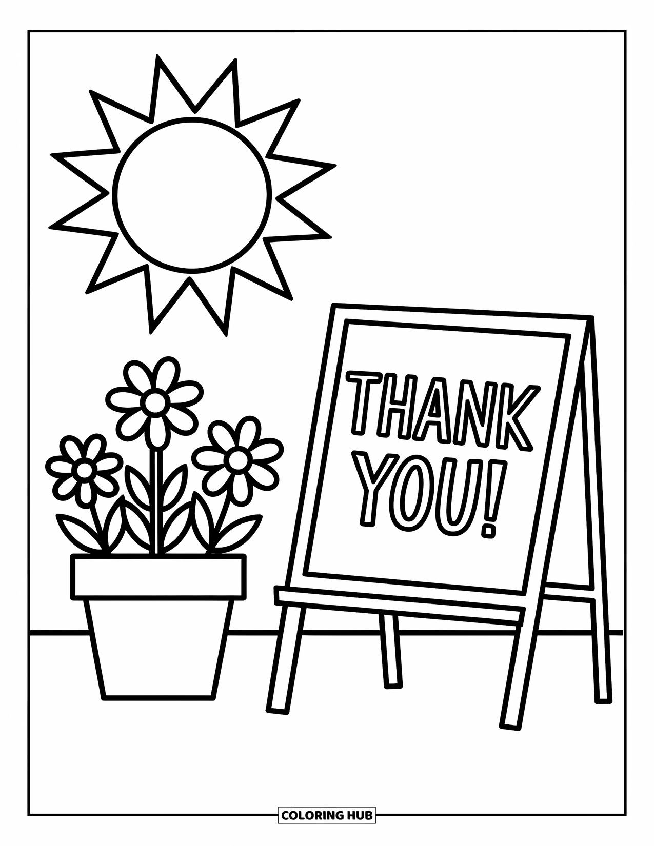 Teacher Appreciation Coloring Page for Kids: A happy sun smiles over a chalkboard with the sweet message "Thank You!"