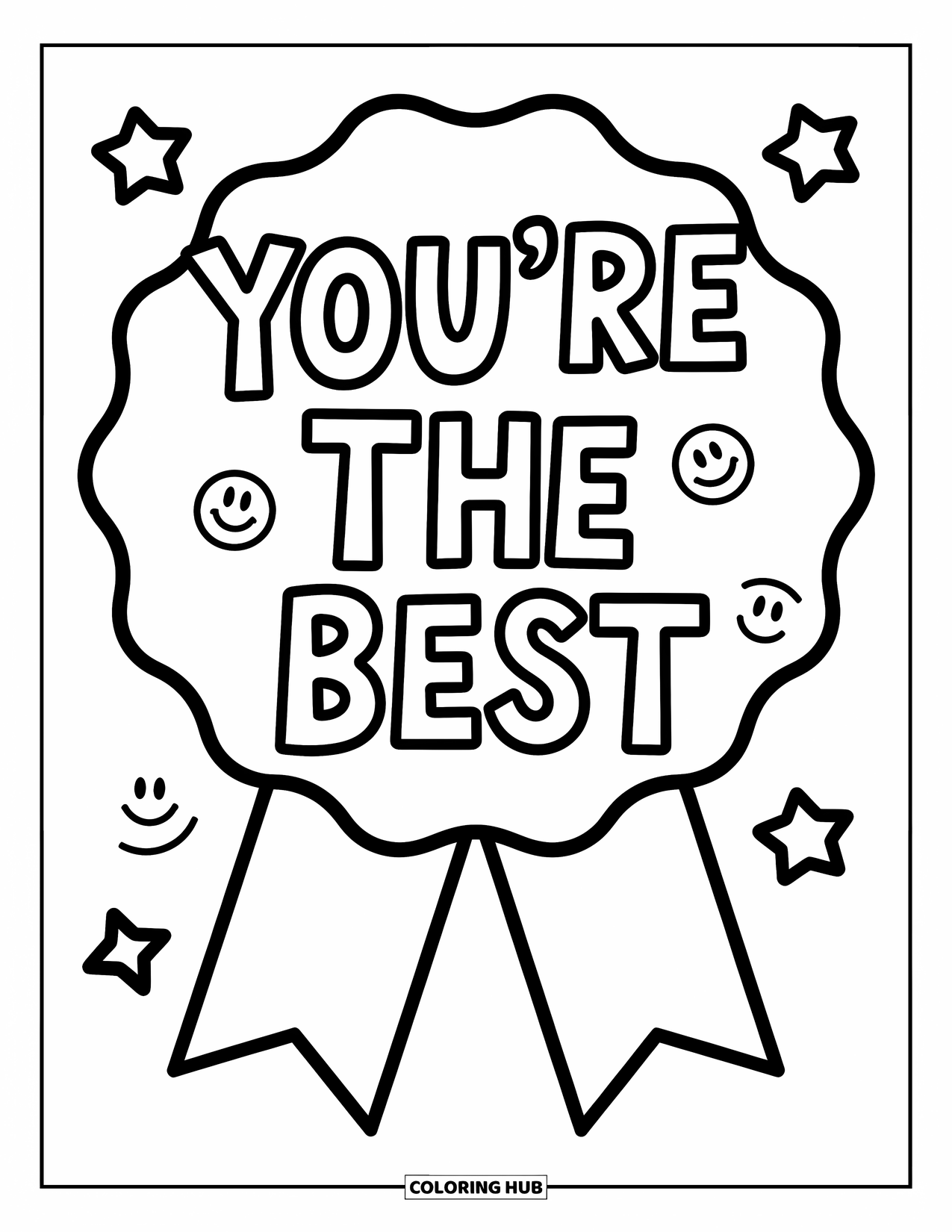 Teacher Appreciation Coloring Page for Kids: A ribbon with smiley stars shares the joyful message "You're the Best"
