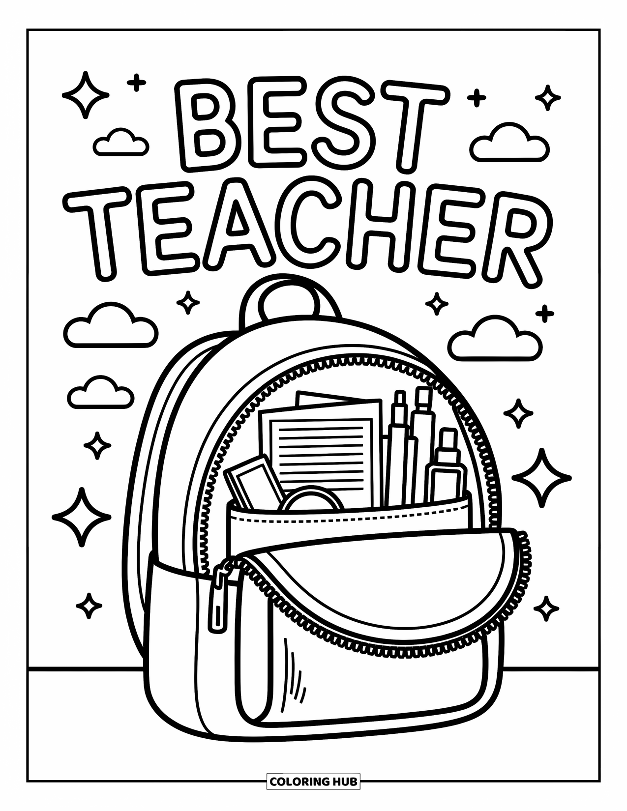 Teacher Appreciation Coloring Page for Kids: A tidy backpack with supplies and stars celebrates "Best Teacher"