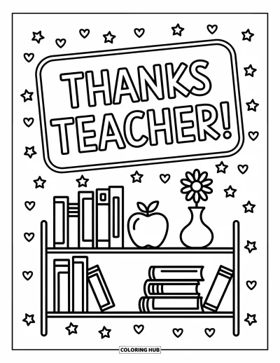 Teacher Appreciation Coloring Page for Kids: Books and a flower vase fill a sweet shelf scene with "Thanks Teacher!" above