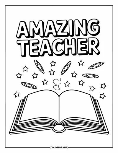 Teacher Appreciation Coloring Page for Kids: Playful doodles and stars fill the pages of a book that says "Amazing Teacher"