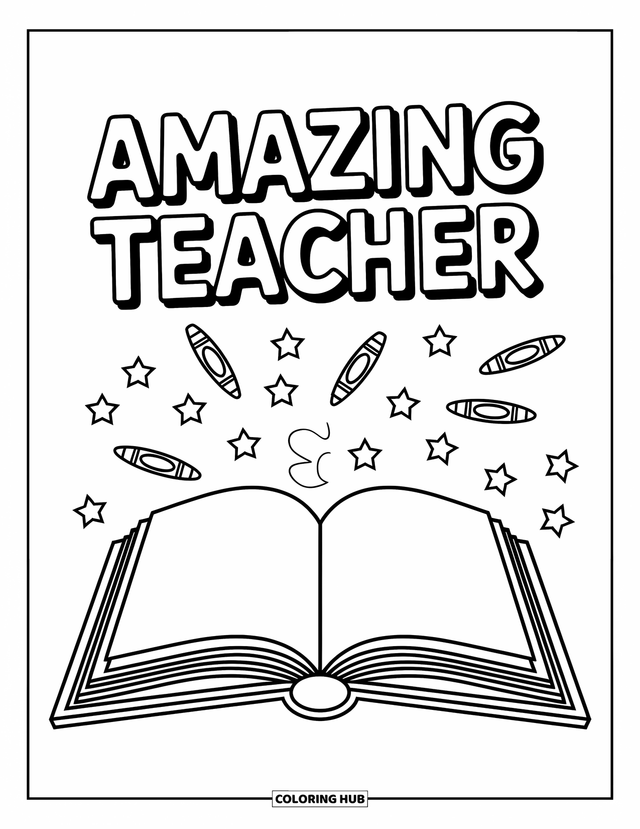 Teacher Appreciation Coloring Page for Kids: Playful doodles and stars fill the pages of a book that says "Amazing Teacher"