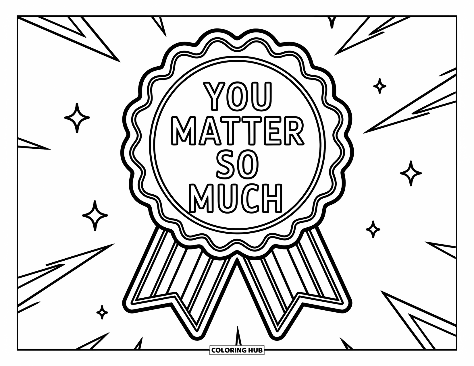 Teacher Appreciation Coloring Page for Kids: "You Matter So Much" is framed in a bold ribbon design with expressive shapes