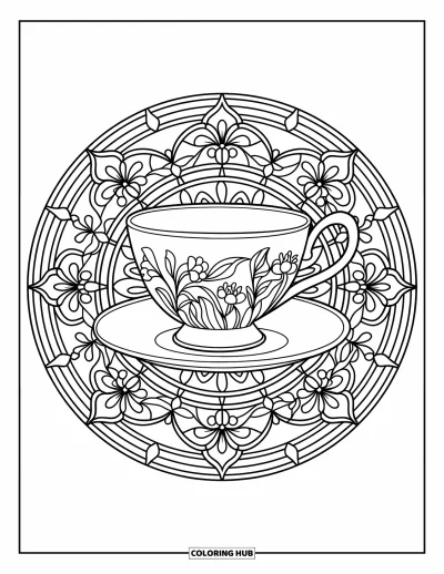 Coloriage de tasse à thé pour adultes : Une tasse de style baroque repose dans un mandala détaillé composé de fleurs et de vignes