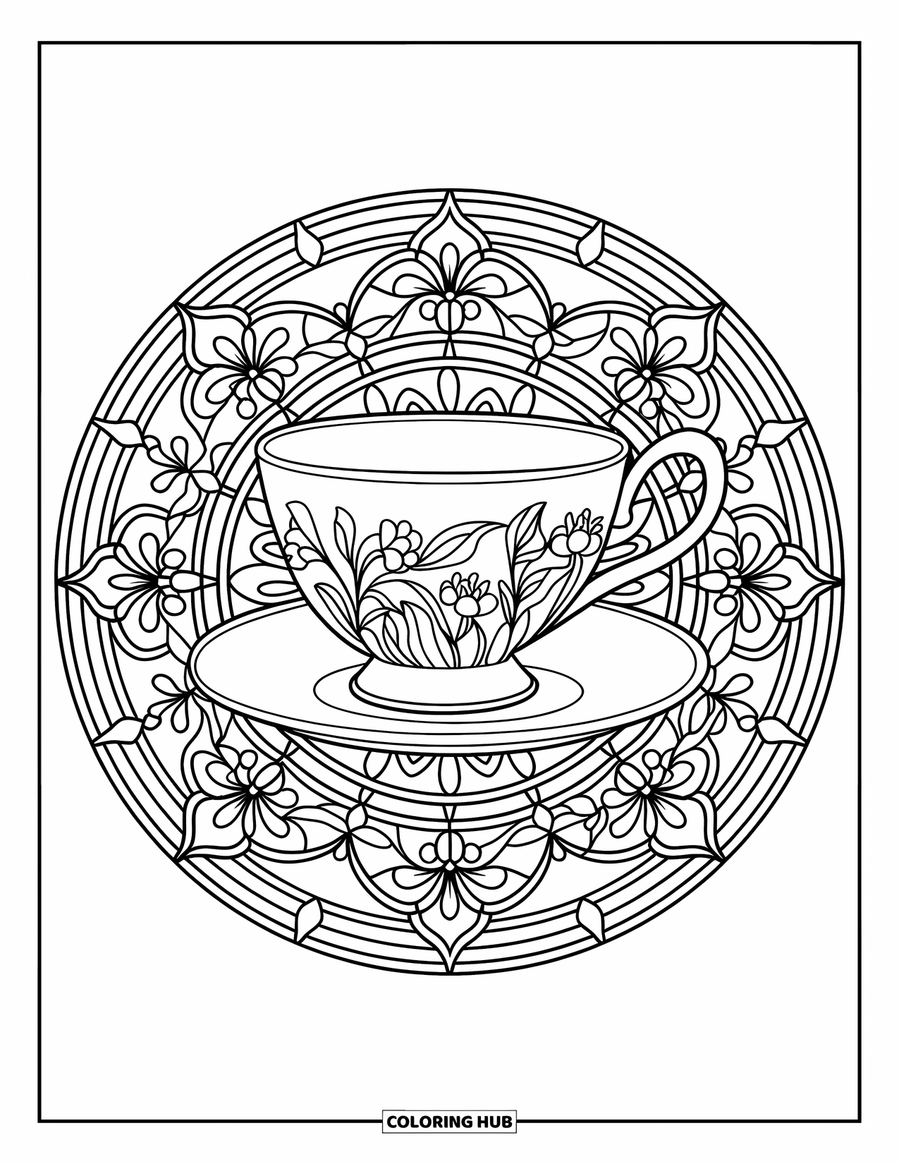 Teacup Coloring Page for Adults: A baroque-style teacup rests in a detailed mandala made of flowers and vines