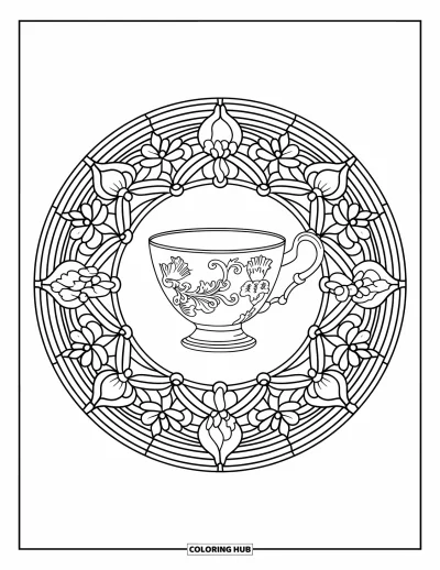 Coloriage de tasse à thé pour adultes : Une tasse baroque aux fleurs en relief encadrée par un mandala façon vitrail