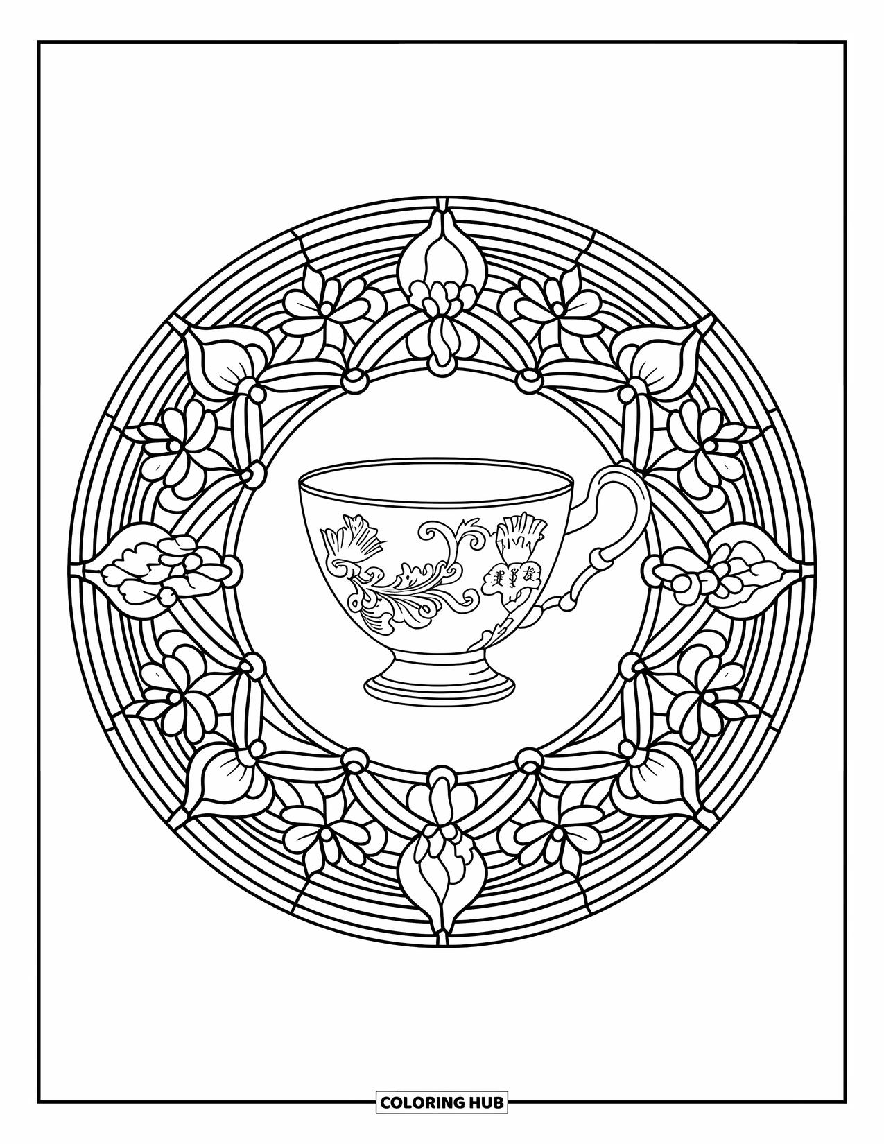 Teacup Coloring Page for Adults: A baroque teacup with raised flowers is framed by a stained-glass mandala