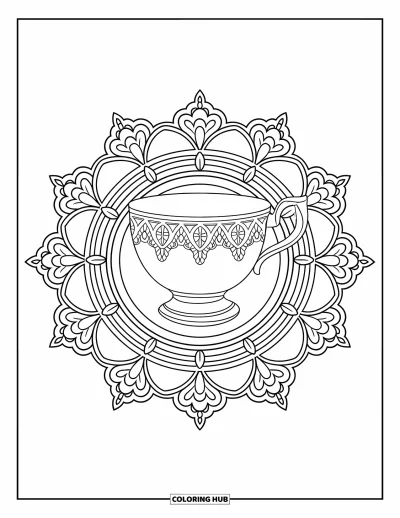 Coloriage de tasse à thé pour adultes : Une tasse en porcelaine à motifs de filigrane entourée d'un large mandala en style dentelle