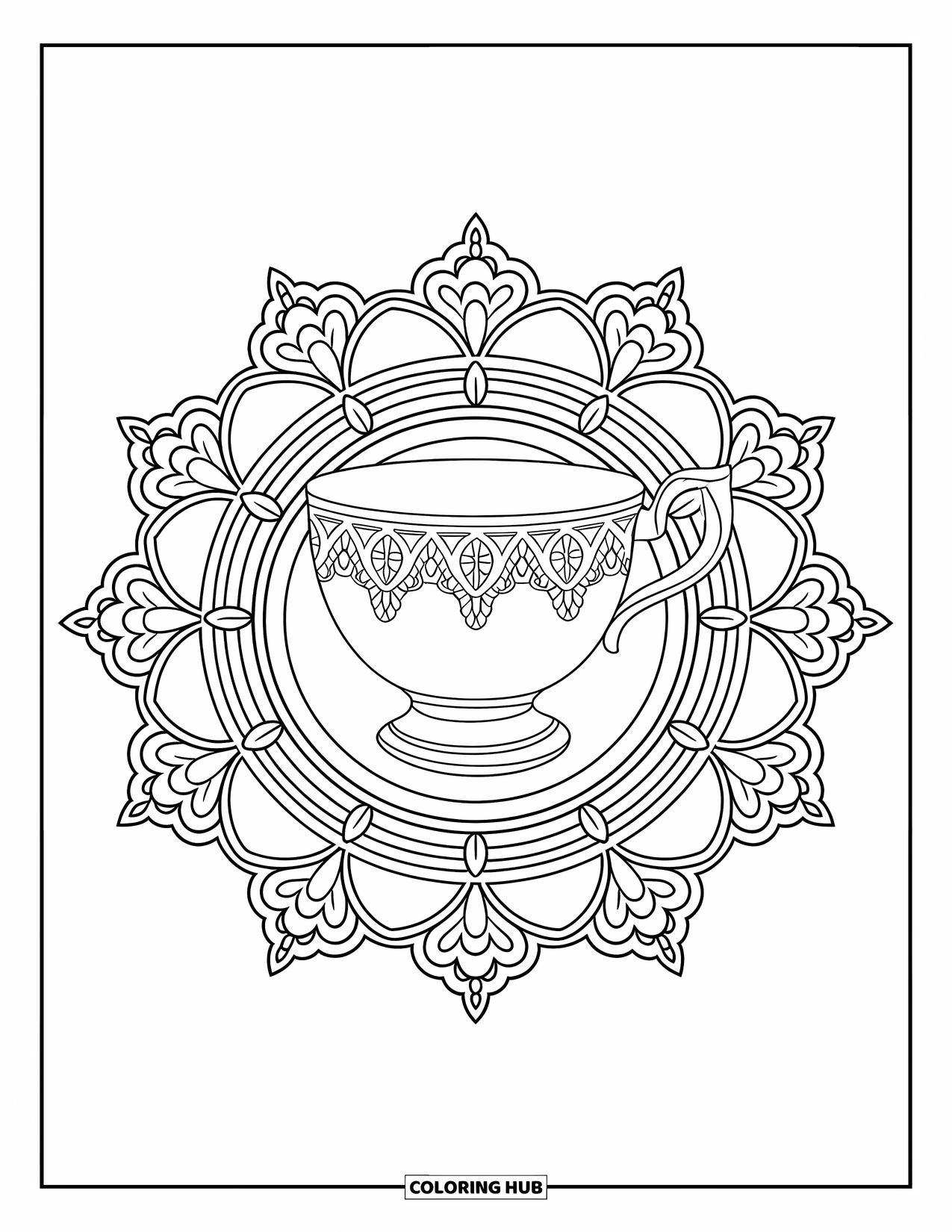 Teacup Coloring Page for Adults: A china teacup with filigree detail is surrounded by a wide lace-style mandala