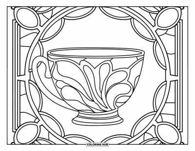 Coloriage de tasse à thé pour adultes : Une tasse aux courbes douces entourée de formes en vitrail évoquant des pétales