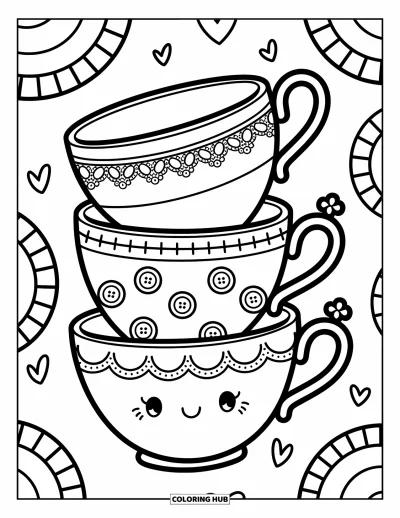 Coloriage de tasse à thé pour adultes : Une pile de tasses mignonnes avec de la dentelle et des boutons dans un joli gribouillis chaleureux
